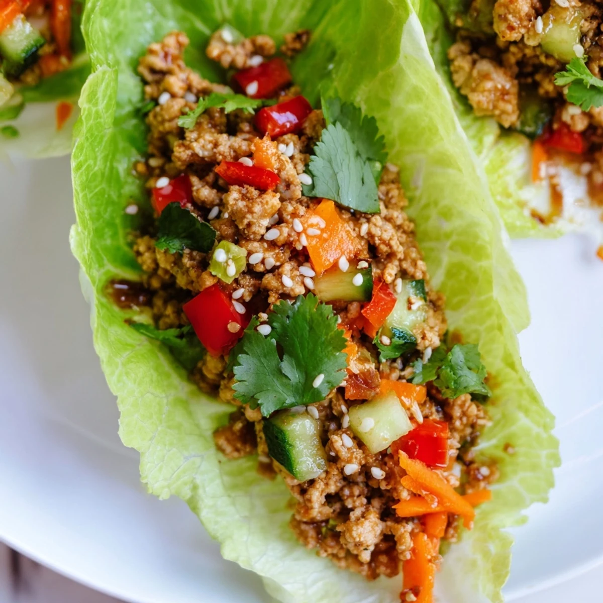 Seasoned ground turkey filling served in crisp lettuce cups with fresh vegetables and herbs