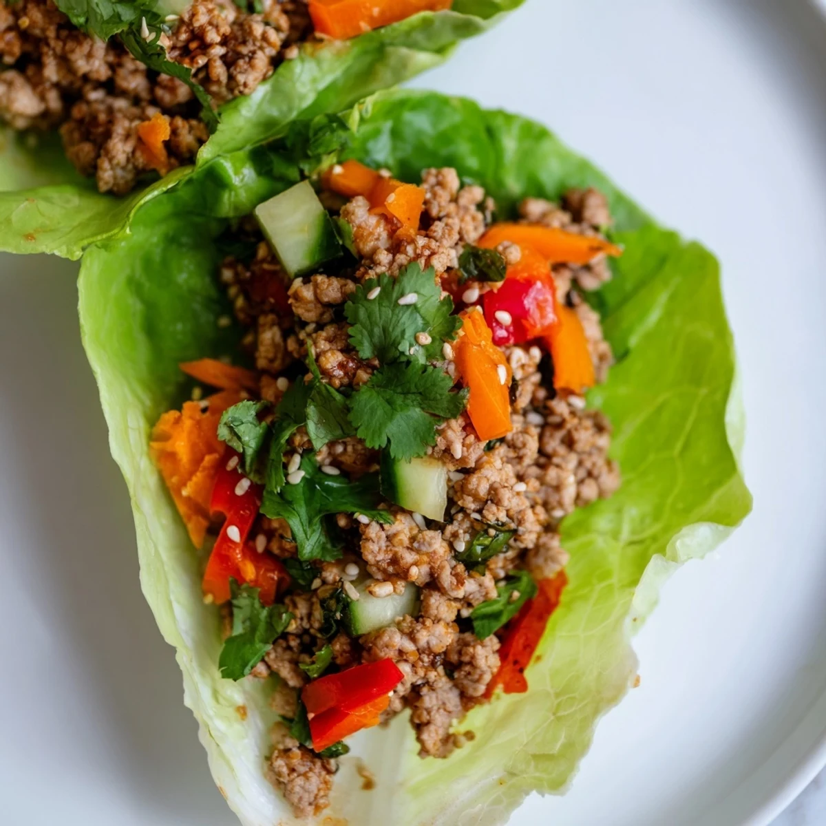 Healthy ground turkey lettuce wrap bowls topped with sesame seeds and lime wedges