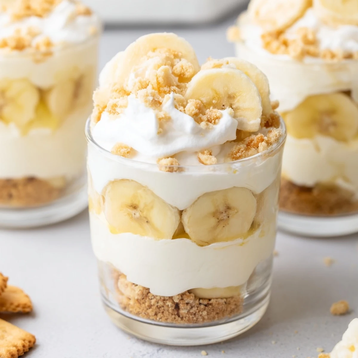Individual no bake banana pudding cheesecake cups topped with fresh banana rounds and crunchy golden vanilla wafer sprinkles
