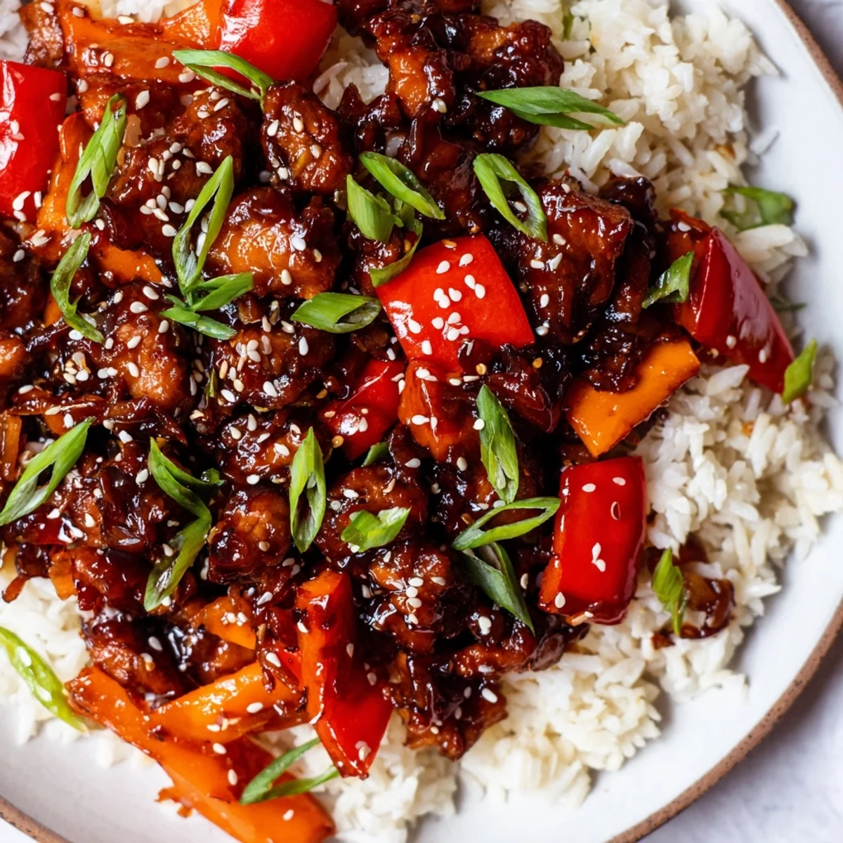 Glistening One Pan Korean BBQ Chicken and Rice in a cast iron skillet topped with sesame seeds