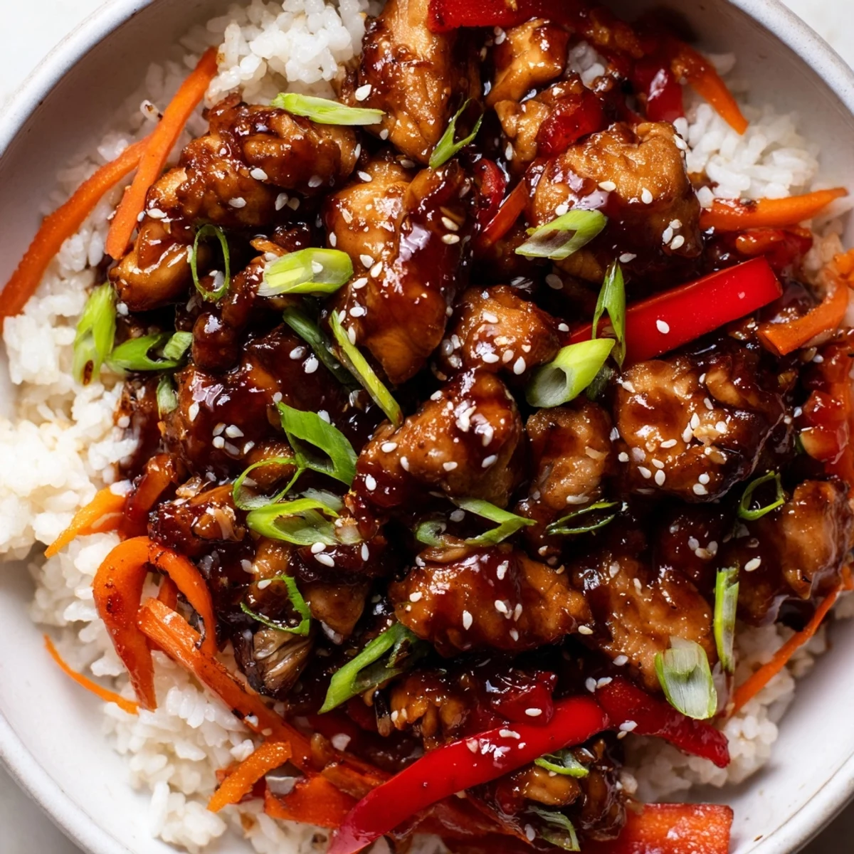 One Pan Korean BBQ Chicken and Rice with colorful bell peppers steaming in a deep skillet