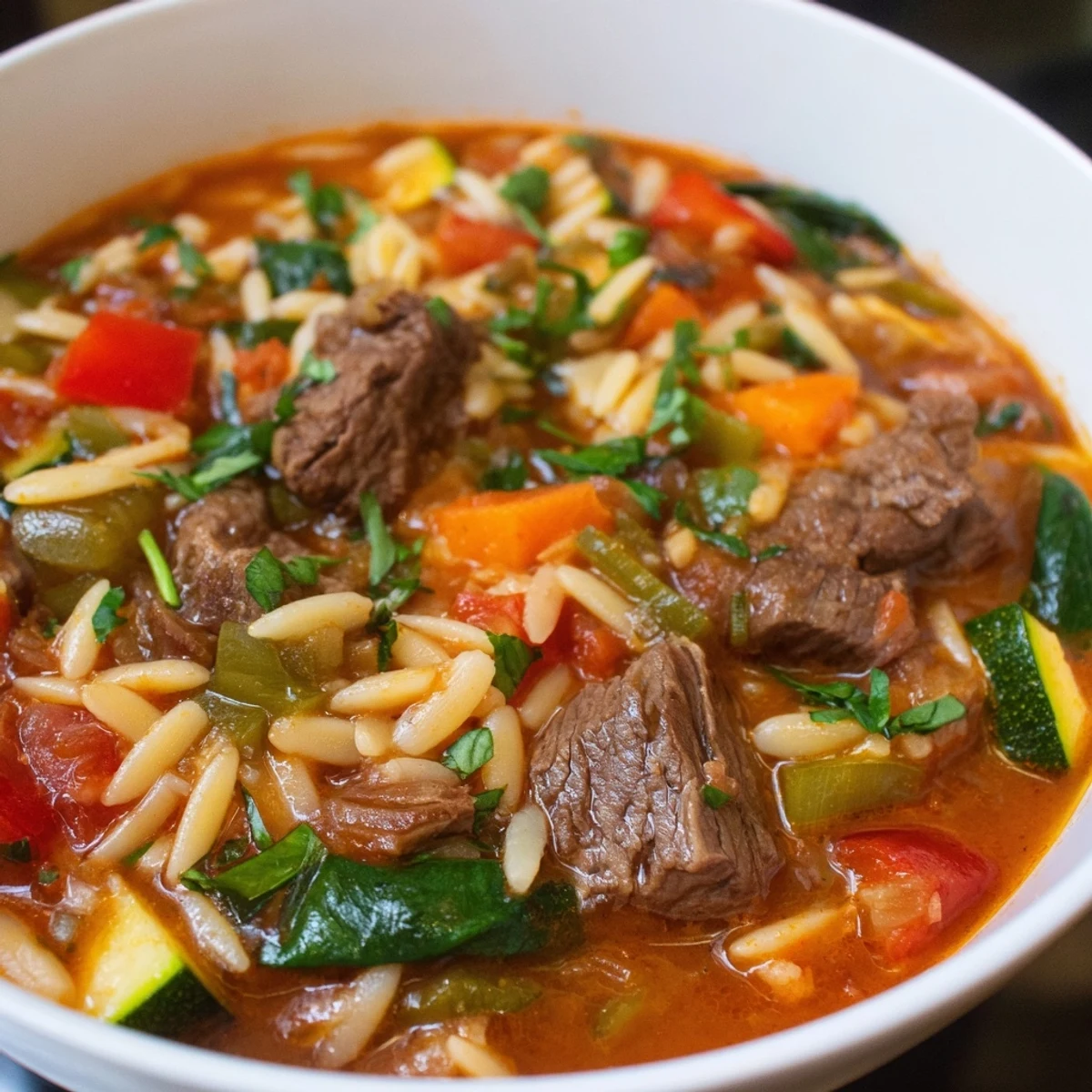 Hearty beef and orzo soup brimming with tender meat and colorful vegetables in steaming bowls