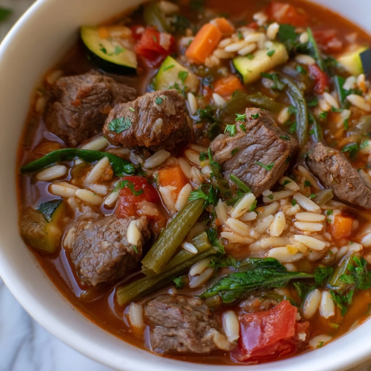 Steaming bowl of hearty beef and orzo soup topped with fresh parsley garnish