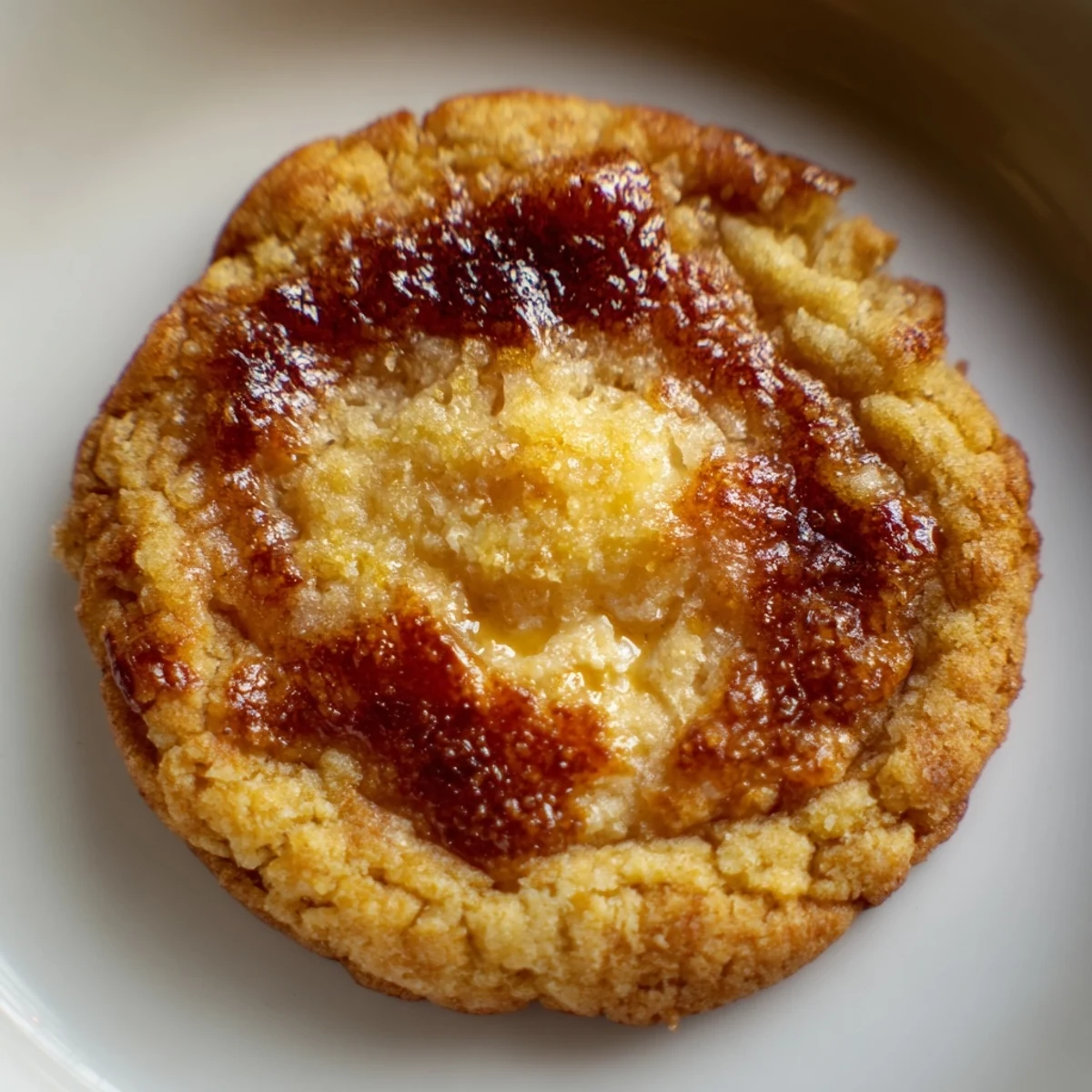Soft baked creme brulee cookies with caramelized golden sugar tops on rustic bakeware
