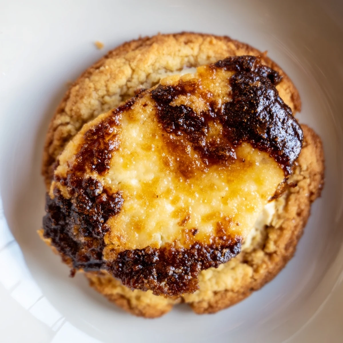 Creamy vanilla filling peeking through soft baked creme brulee cookies with crackly tops