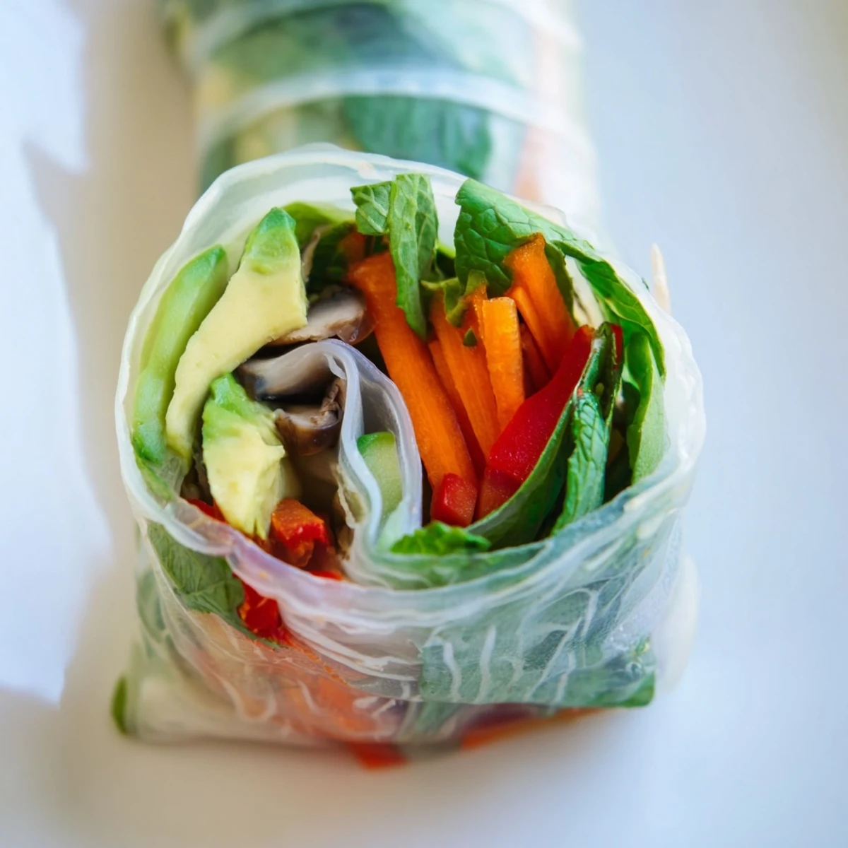 Creamy avocado shiitake spring rolls wrapped in translucent rice paper with colorful crisp vegetables