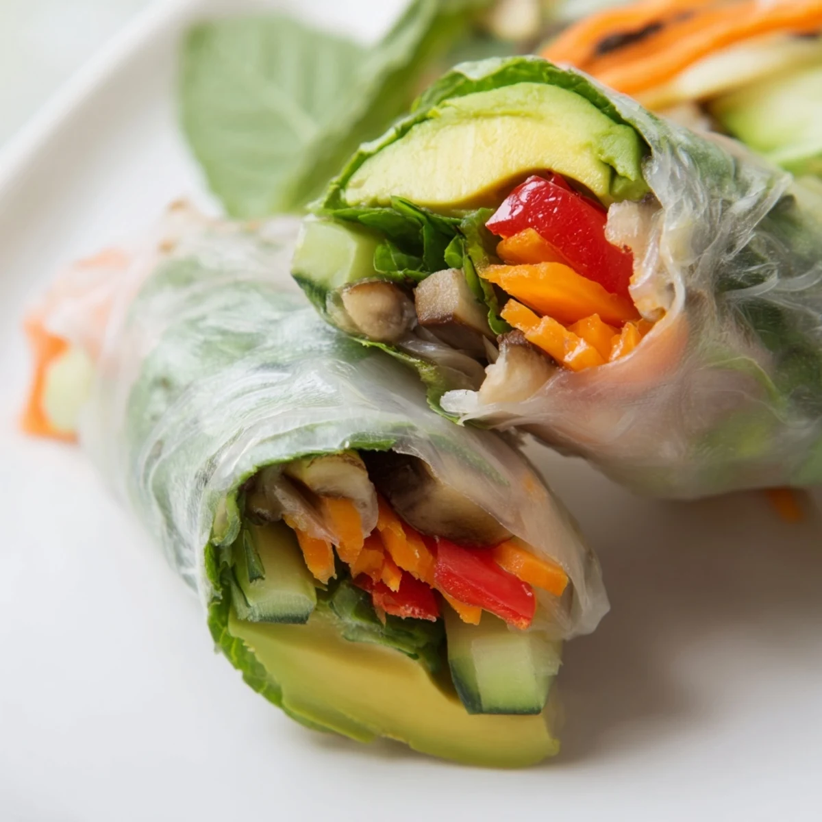 Fresh avocado shiitake spring rolls arranged on a plate with vibrant julienned vegetables and herbs