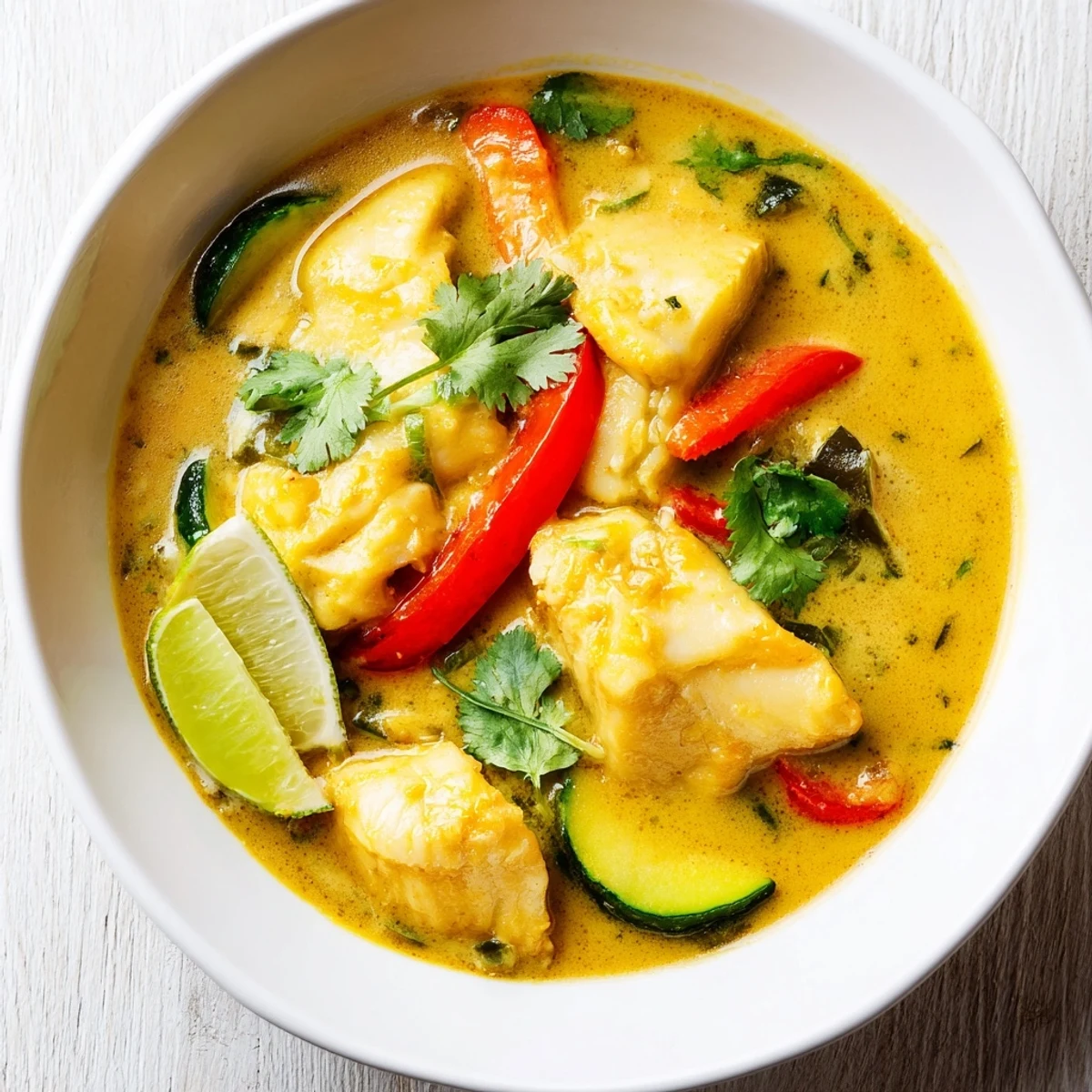 Creamy coconut white fish stew in a golden bowl with fresh cilantro garnish