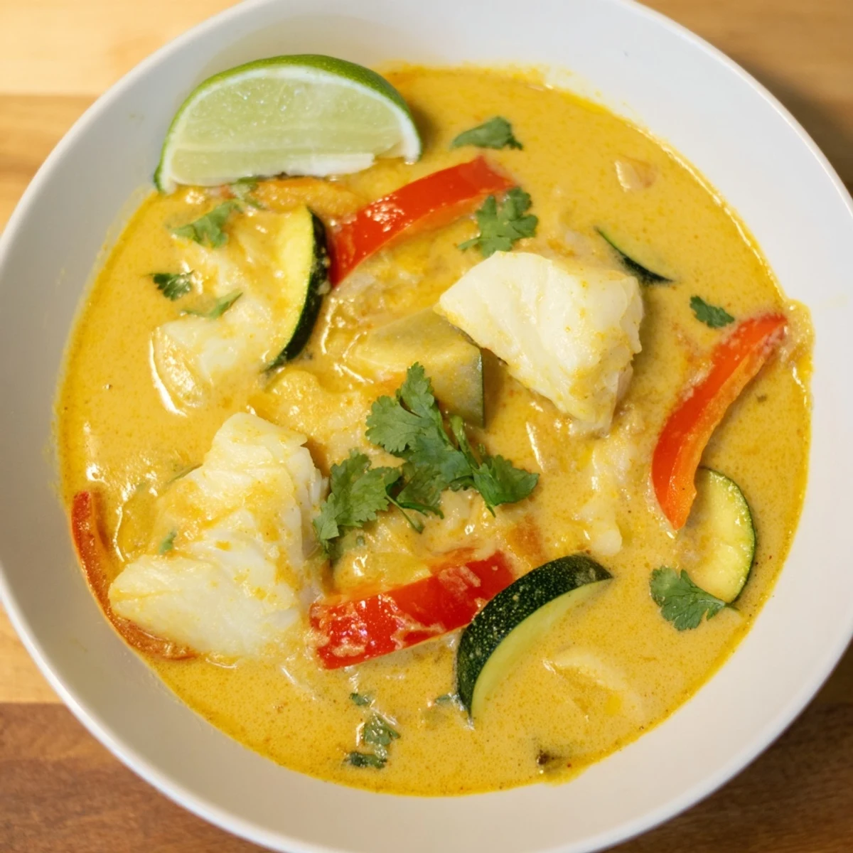 Tender white fish chunks simmered in aromatic coconut broth with colorful vegetables