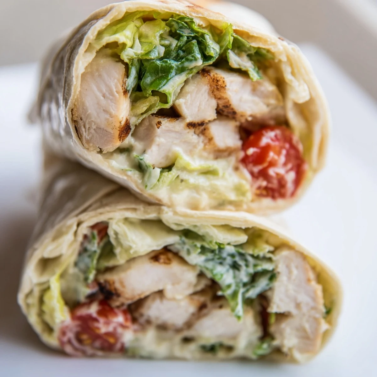Golden grilled chicken Caesar wraps sliced open showing crisp romaine lettuce and creamy dressing inside