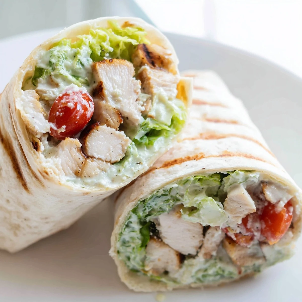 Tortilla wrapped chicken Caesar wraps filled with tender seasoned chicken and fresh crunchy romaine lettuce