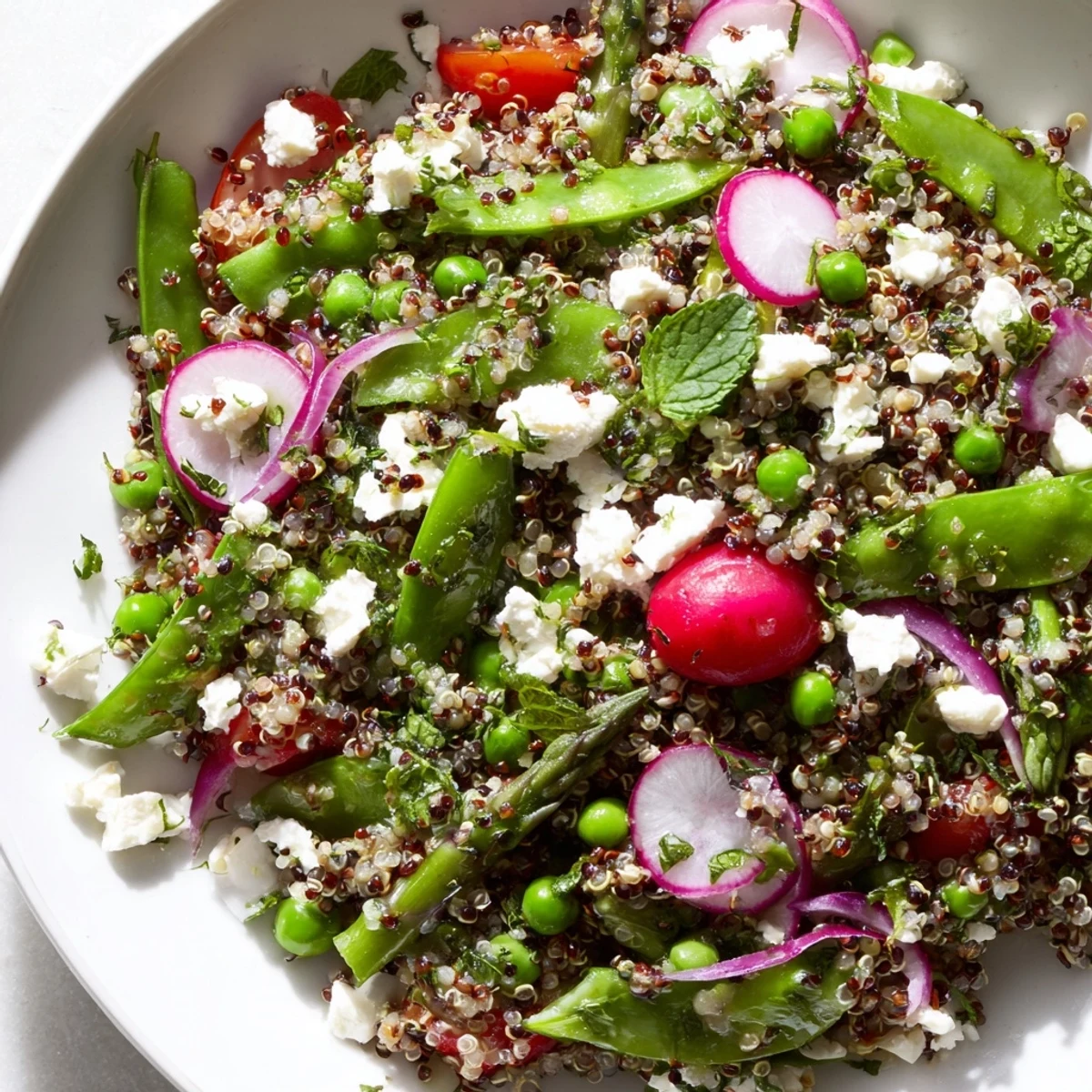 Spring vegetable quinoa salad in a white bowl with bright asparagus, radishes, and fresh herbs