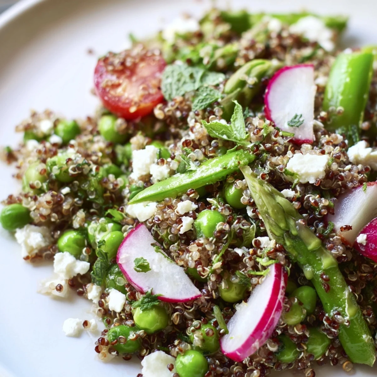 Fluffy quinoa mixed with crisp snap peas, cherry tomatoes, and radishes in a colorful spring vegetable salad