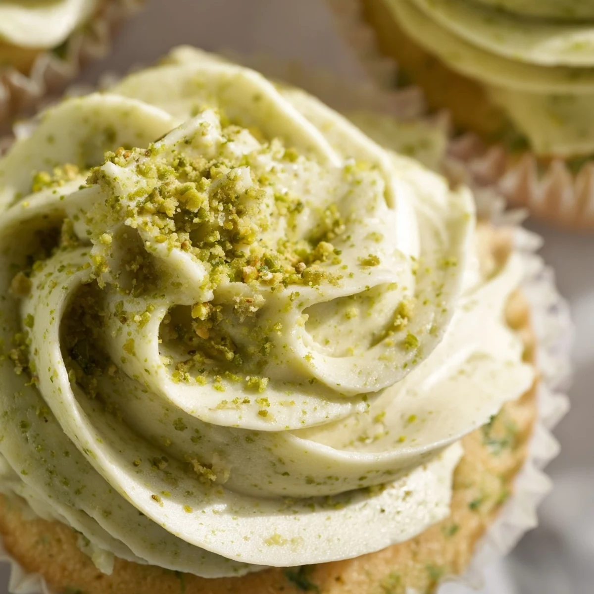 Soft pistachio cupcakes with creamy green buttercream frosting piped high on white liners