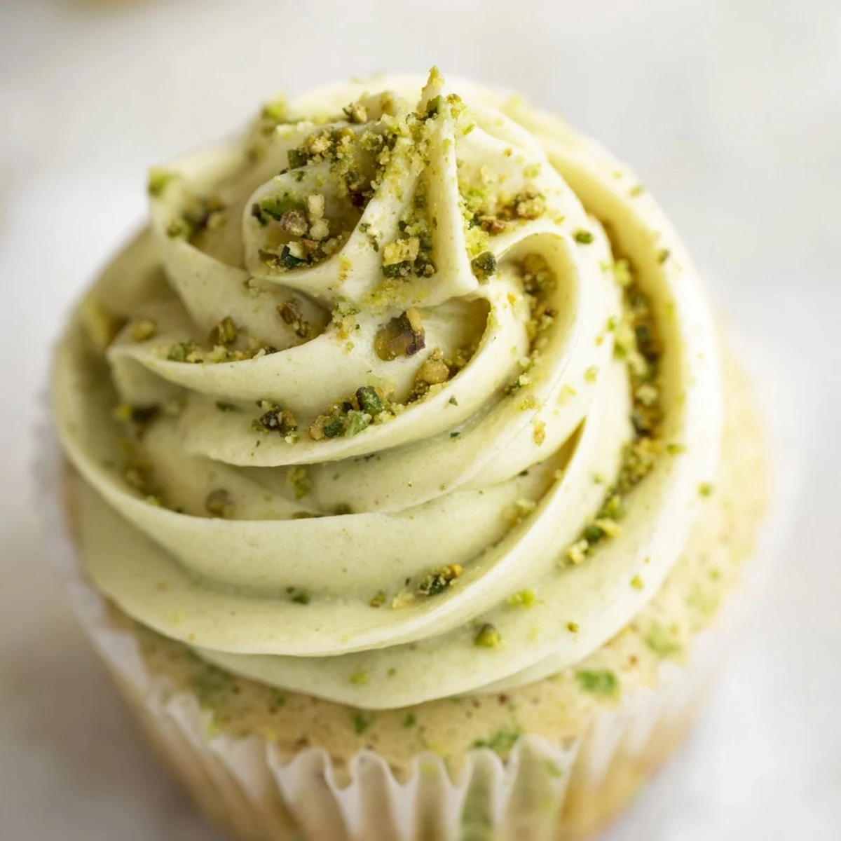 Moist pistachio cupcakes topped with velvety nutty buttercream and sprinkled with crushed pistachios
