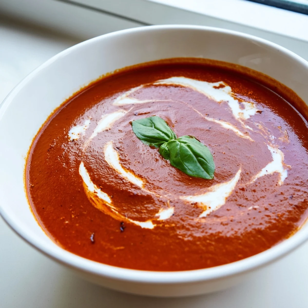 Smoky fire roasted tomato soup ladled into a bowl with fresh basil garnish
