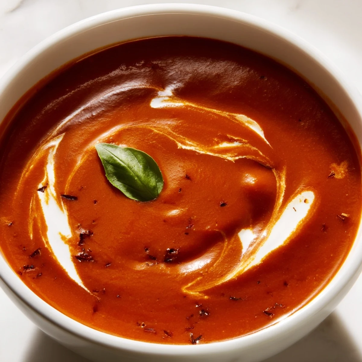 Creamy fire roasted tomato soup steaming in a rustic ceramic bowl topped with herbs