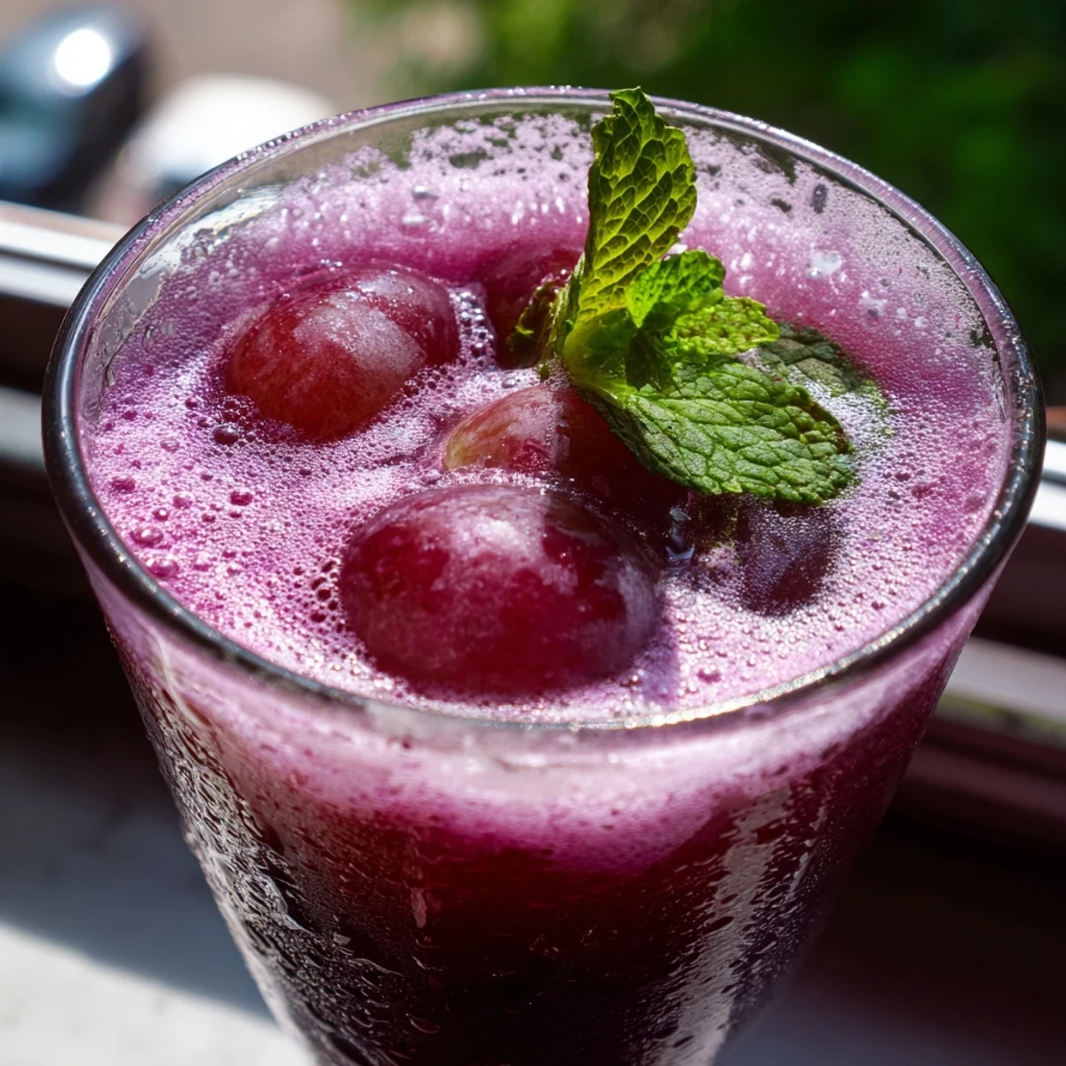 Grape Agua Fresca in a glass with ice, garnished with fresh mint leaves