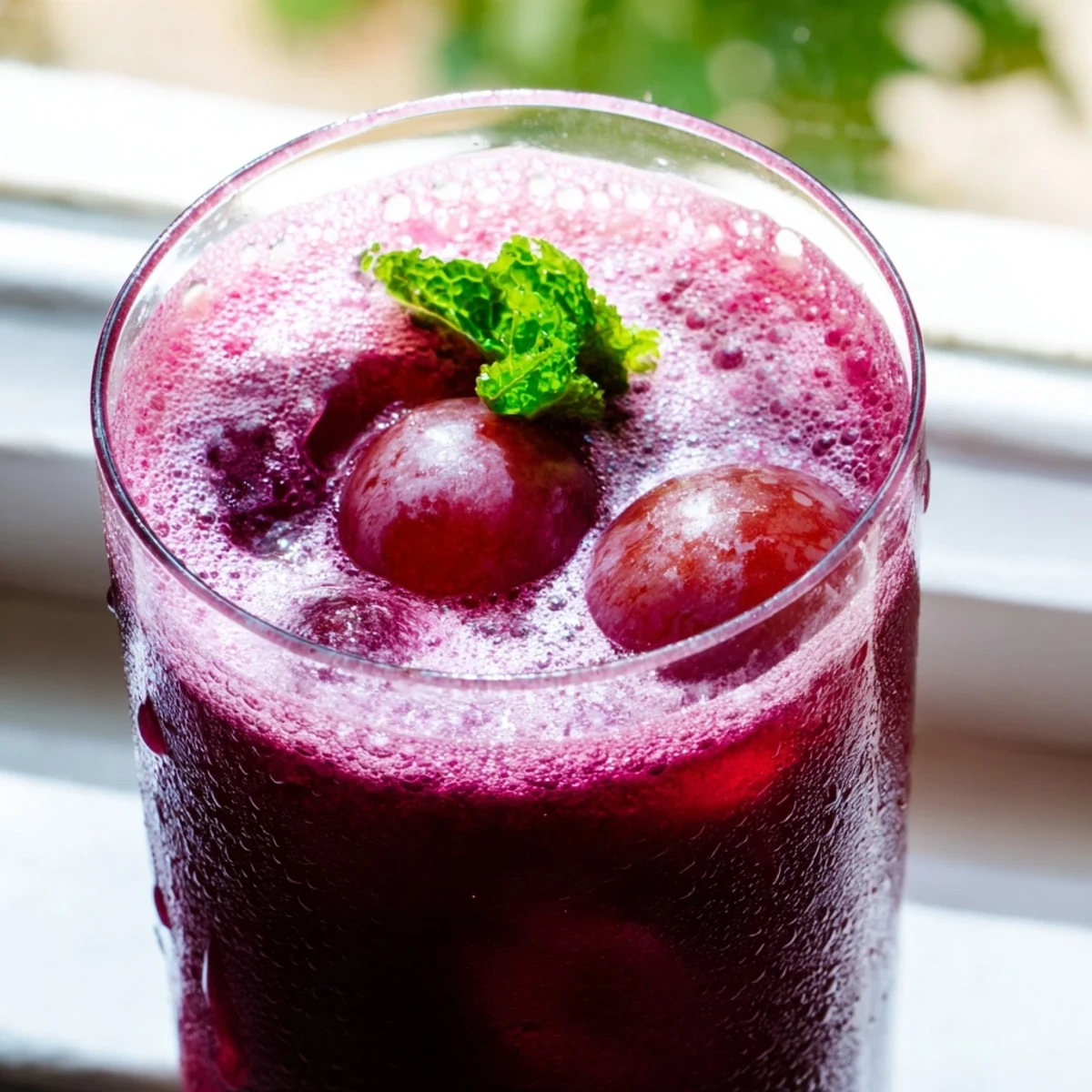 Vibrant purple Grape Agua Fresca poured over ice in a tall pitcher