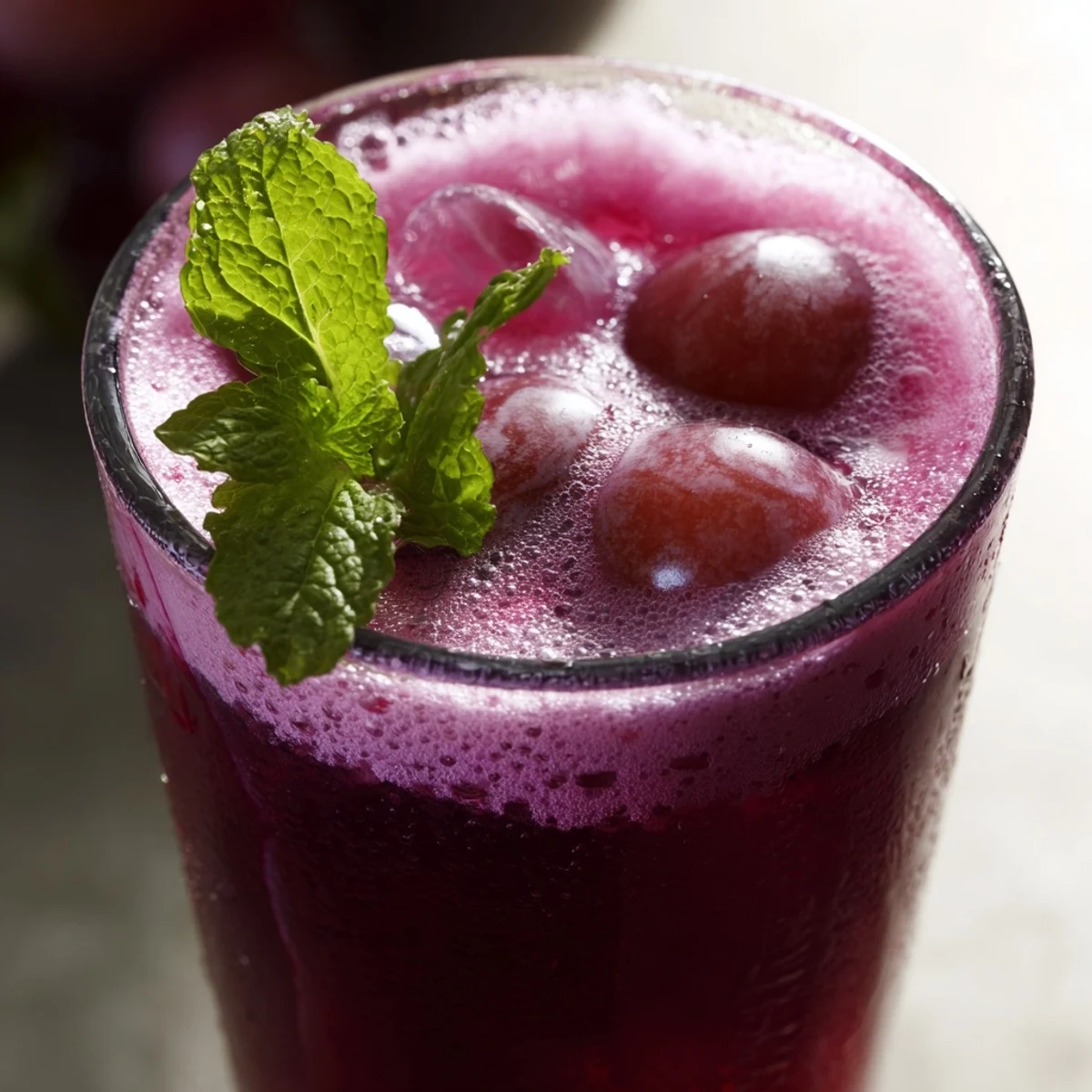 Homemade Grape Agua Fresca topped with floating grape slices and lime wedges