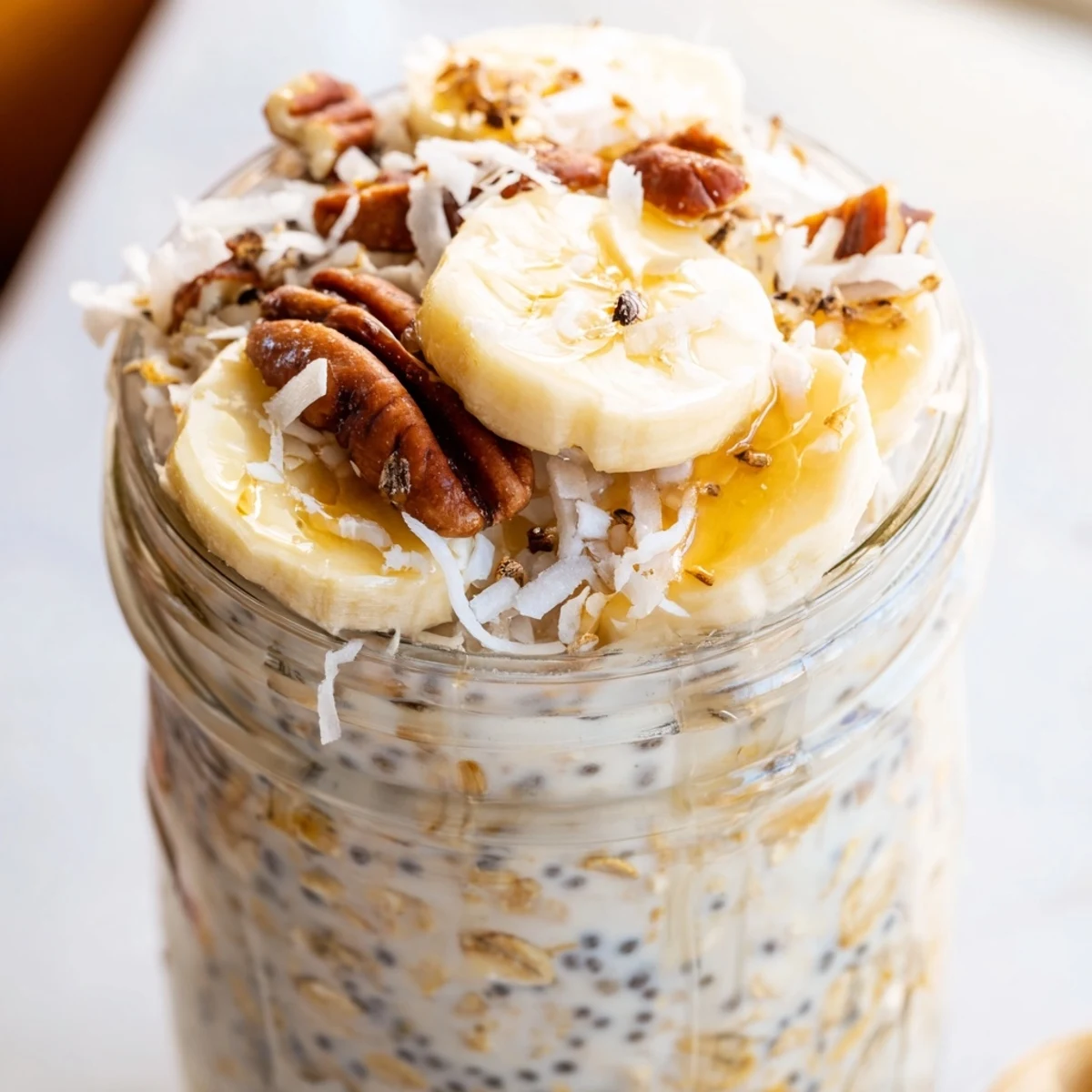 Creamy coconut cream pie overnight oats topped with toasted coconut flakes in a glass jar