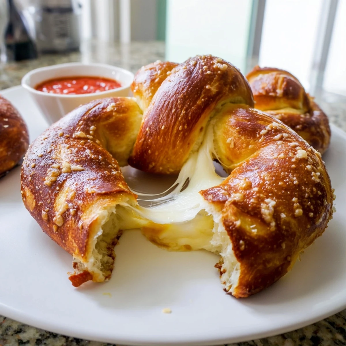 Golden mozzarella stuffed soft pretzels with coarse salt sprinkled on top served warm