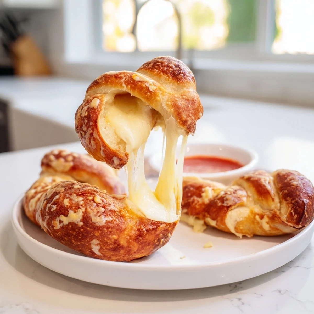 Cheesy mozzarella stuffed soft pretzels with melty center and dark brown baked crust