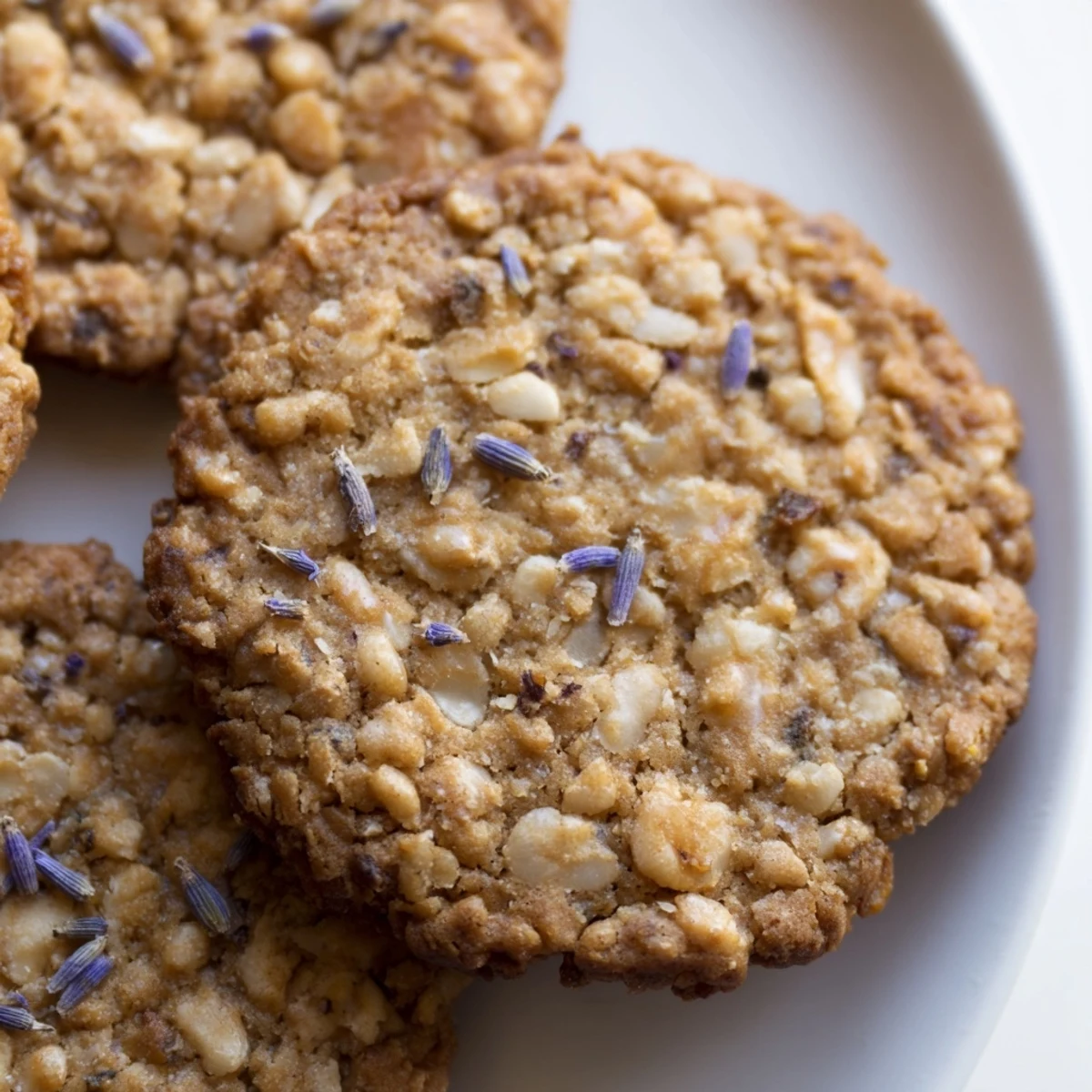 Golden Lavender Honey Crunch Cookies with chopped almonds cooling on a wire rack
