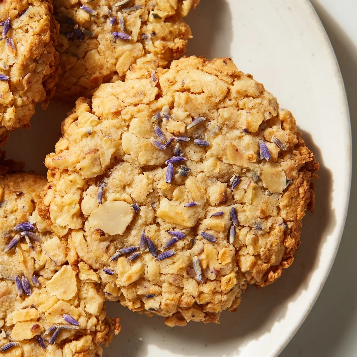 Crisp homemade Lavender Honey Crunch Cookies stacked beside a steaming cup of tea