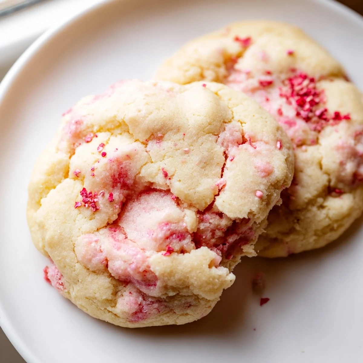 Soft strawberry cheesecake cookies with golden edges and creamy centers on a white plate