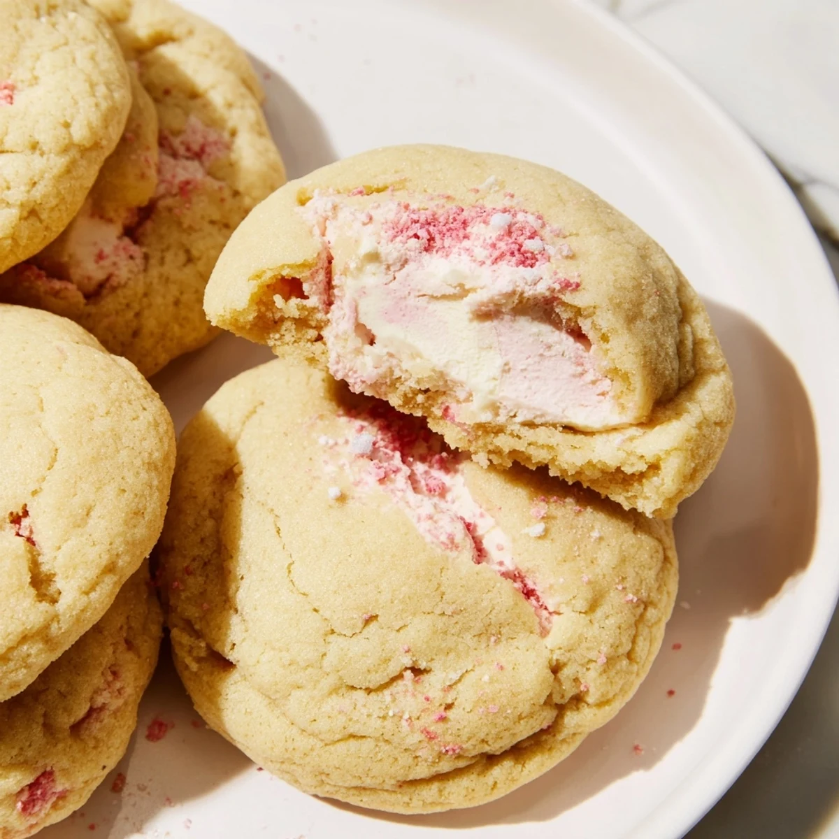 Chewy strawberry cheesecake cookies topped with crushed red berries fresh from the oven