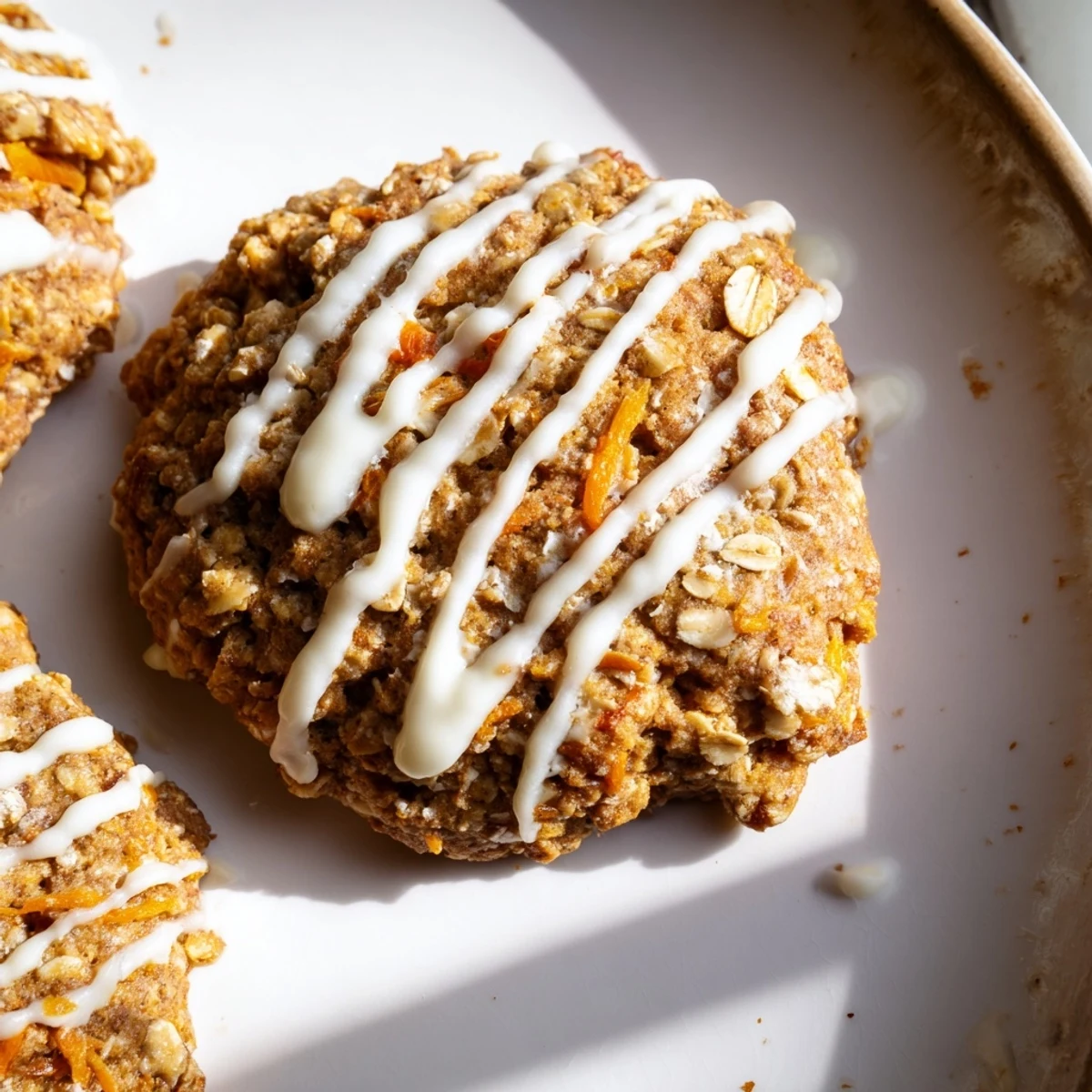 Soft carrot cake cookies with creamy tangy cream cheese drizzle on rustic wooden surface