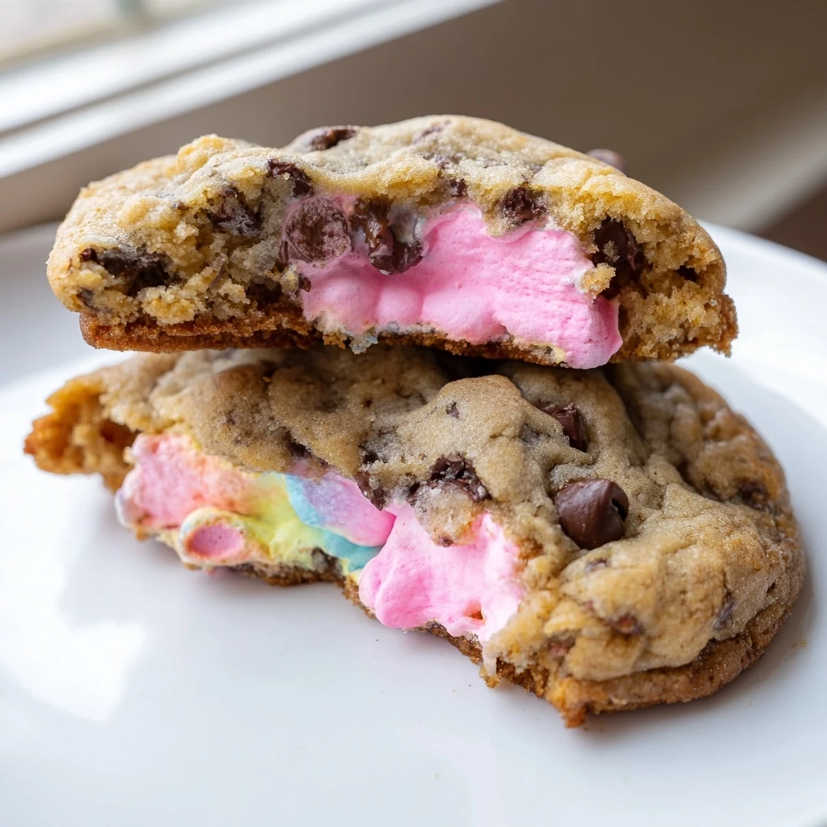 Chocolate Chip Peep Stuffed Easter Cookies with gooey marshmallow center on rustic baking sheet