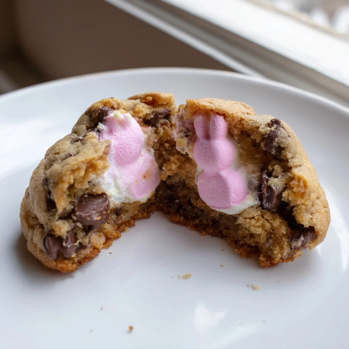 Golden Chocolate Chip Peep Stuffed Easter Cookies fresh from oven with melty centers