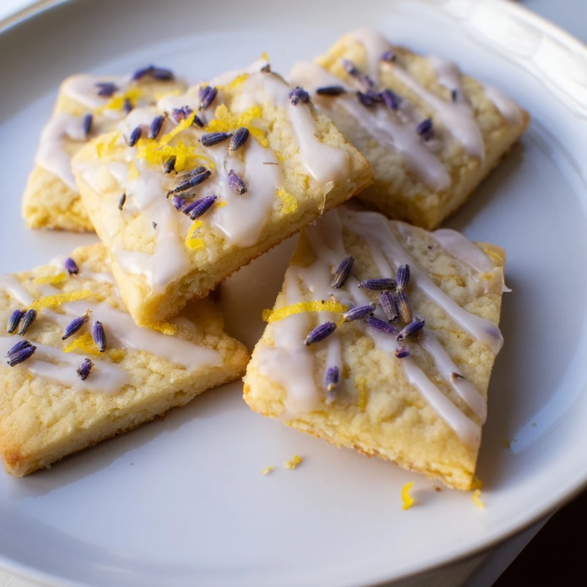 Iced Lemon Lavender Shortbread Cookies drizzled with sweet citrus icing on a rustic white plate