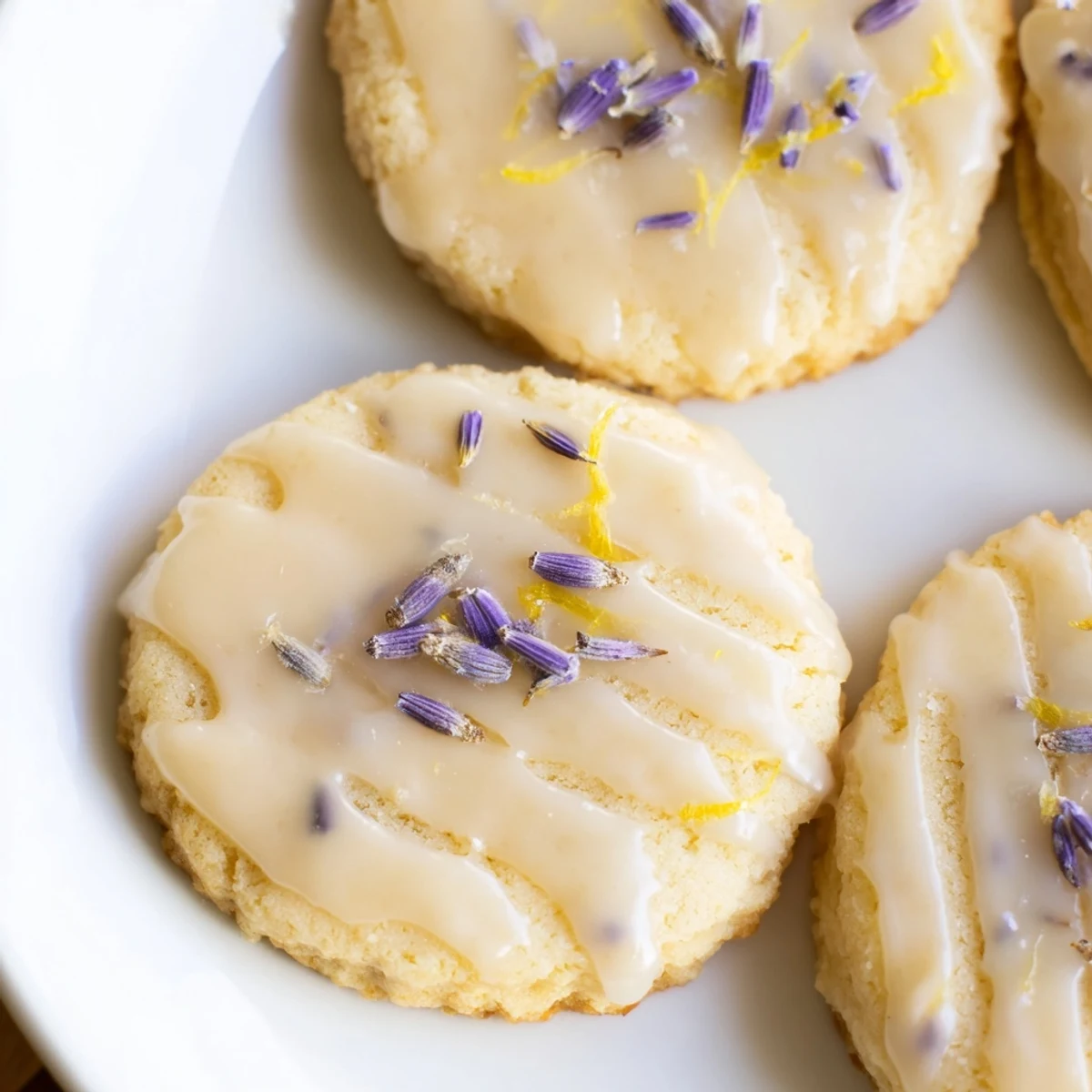 Buttery Iced Lemon Lavender Shortbread Cookies with delicate golden edges and fragrant herbal garnish