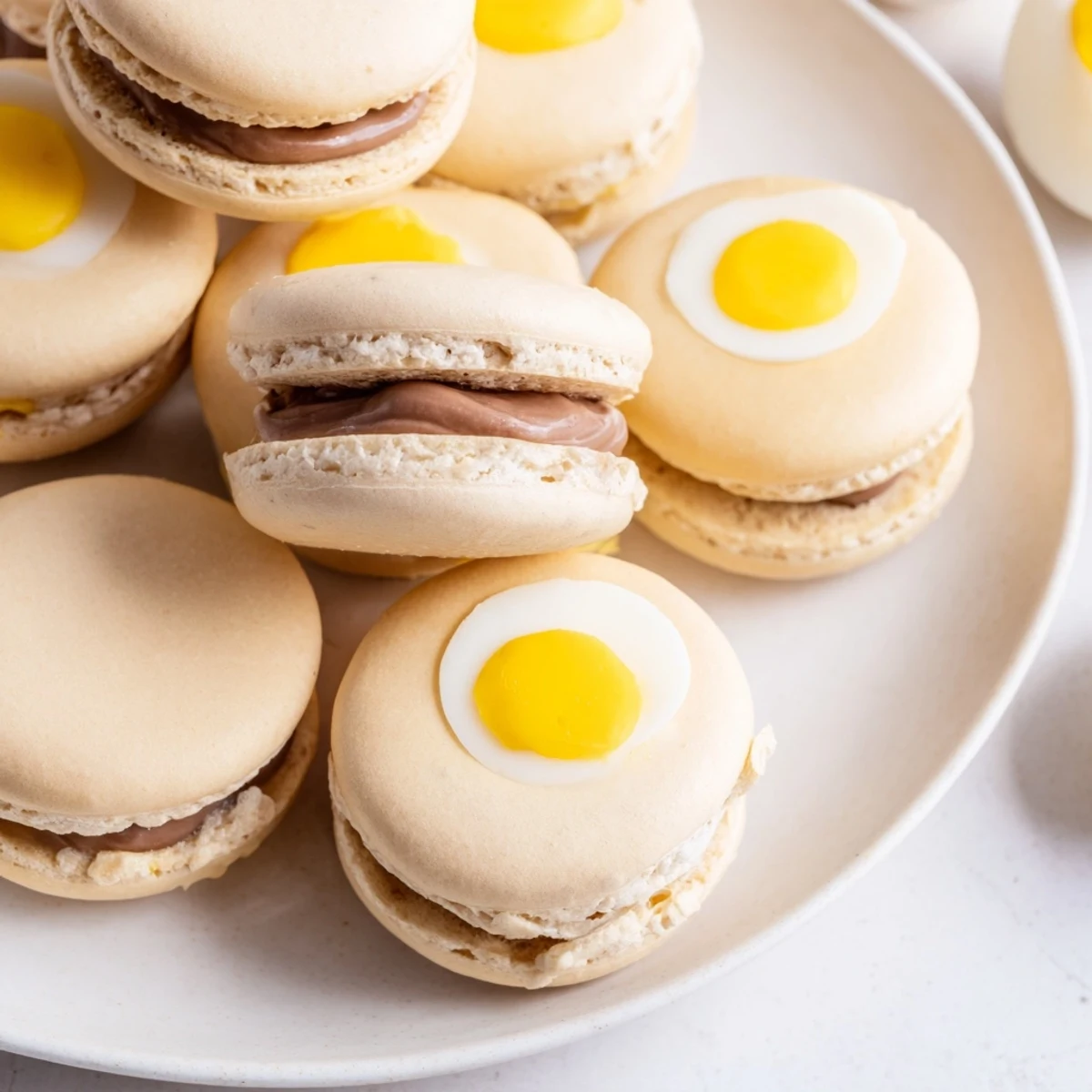 Golden-hued Cadbury Egg macarons with chocolate cream filling arranged on a rustic white serving platter
