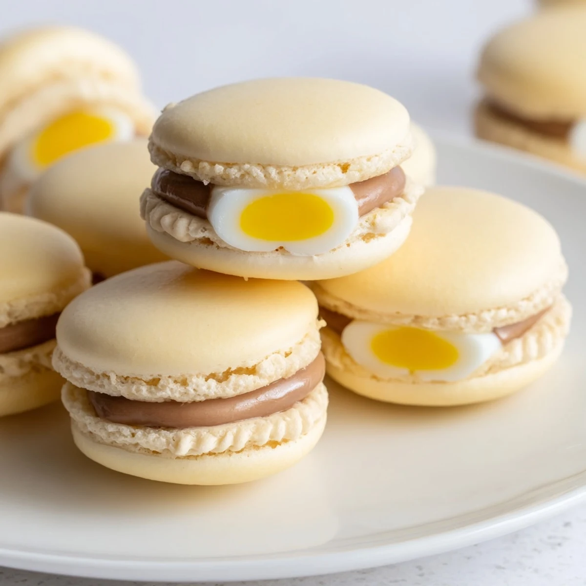 Cadbury Egg macarons with hidden yellow yolk centers sandwiched between smooth delicate almond shells