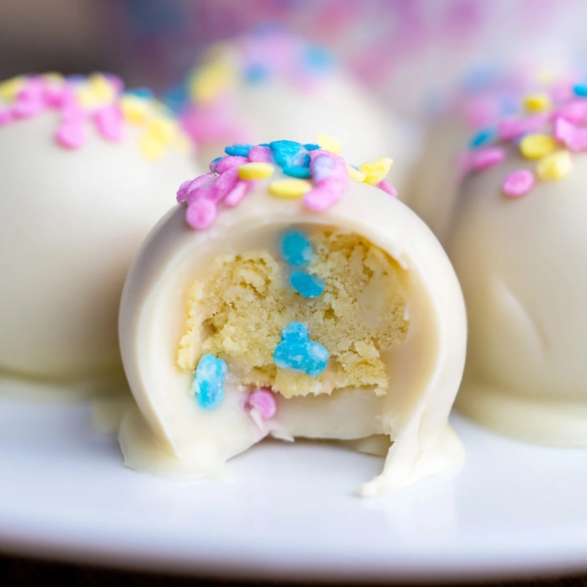 Creamy Banana Pudding Easter Truffles coated in white chocolate with colorful sprinkles