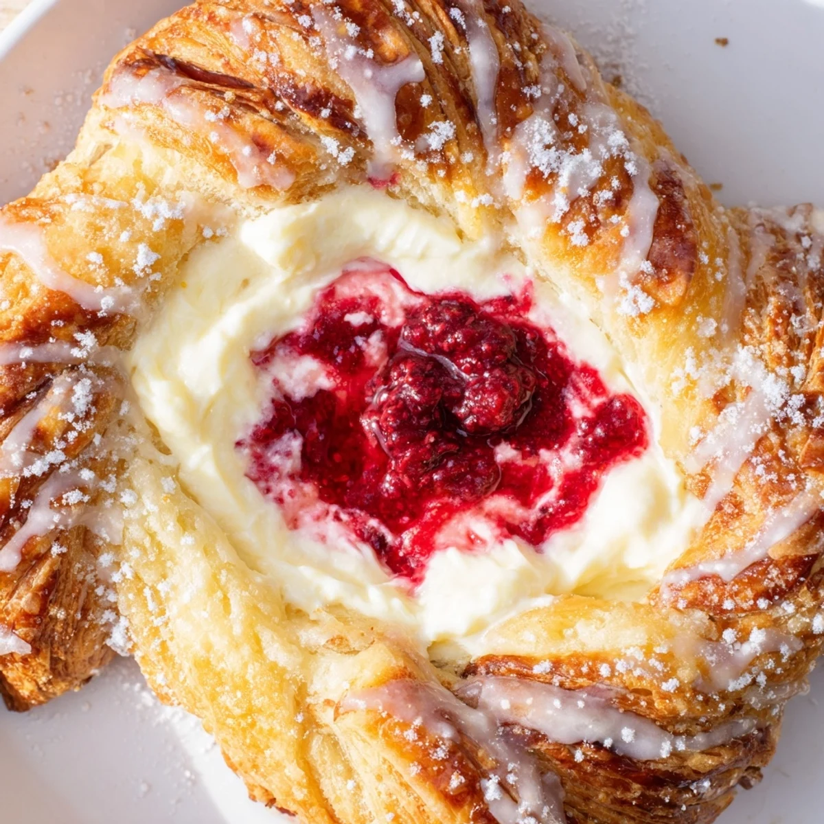 Golden Sourdough Discard Raspberry Cream Cheese Danishes drizzled with sweet vanilla glaze on rustic parchment paper