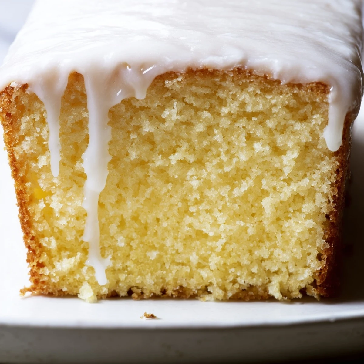 Golden church cake with vanilla glaze drizzled over a moist, tender sponge ready for slicing