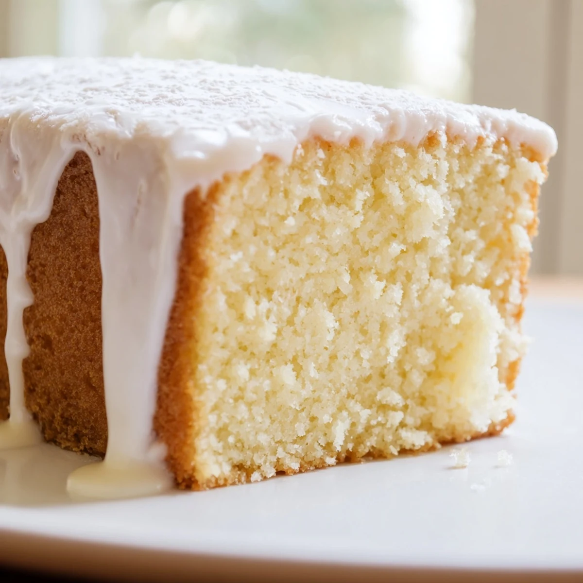 Classic church cake served on a white plate featuring soft vanilla sponge and sweet glaze