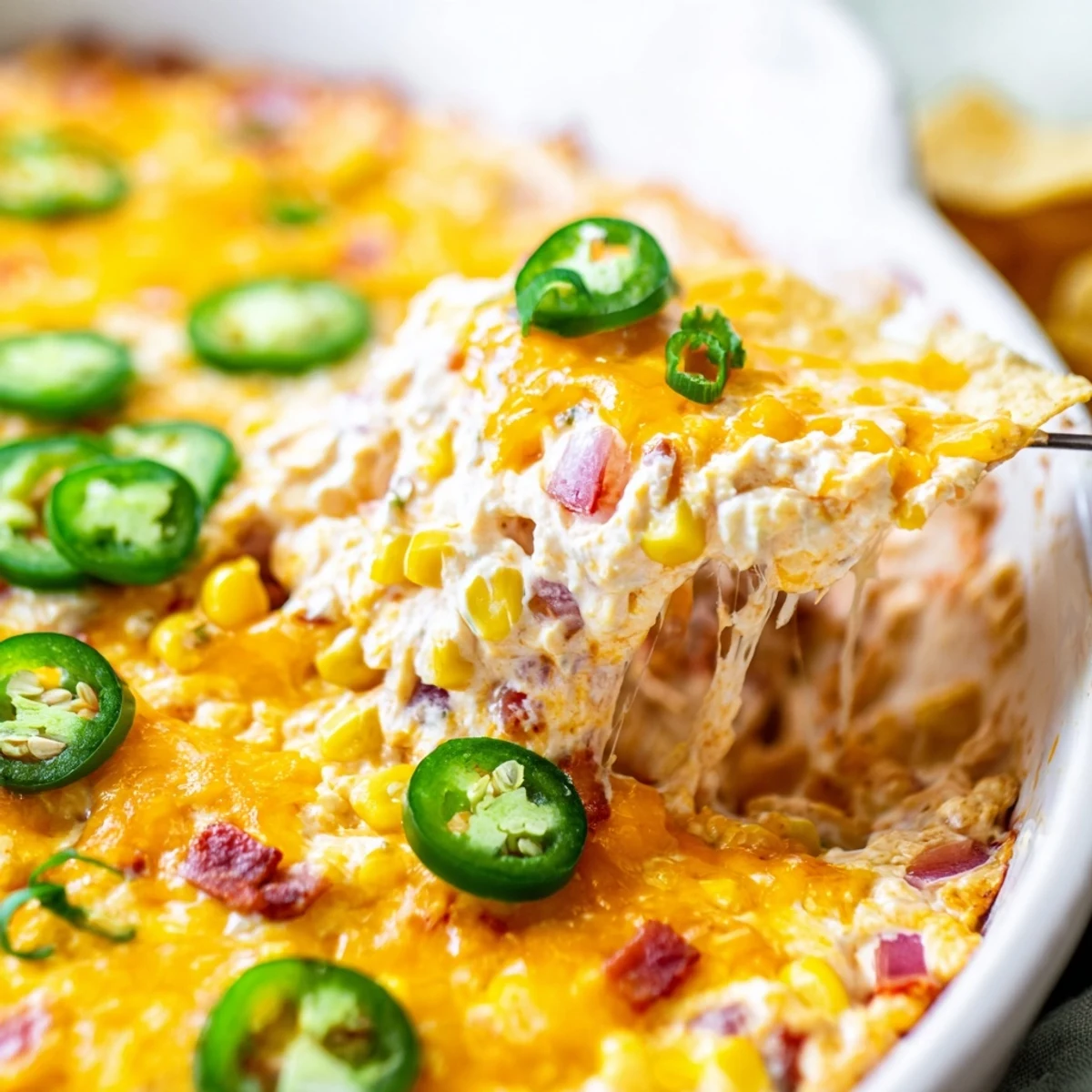 Creamy spicy roasted jalapeno cowboy cream cheese dip bubbling hot in a baking dish