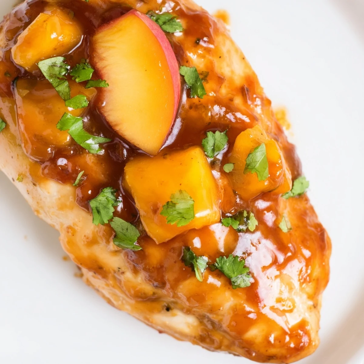 Golden seared jalapeno peach chicken glazed with glossy sweet-spicy peach sauce ready to serve