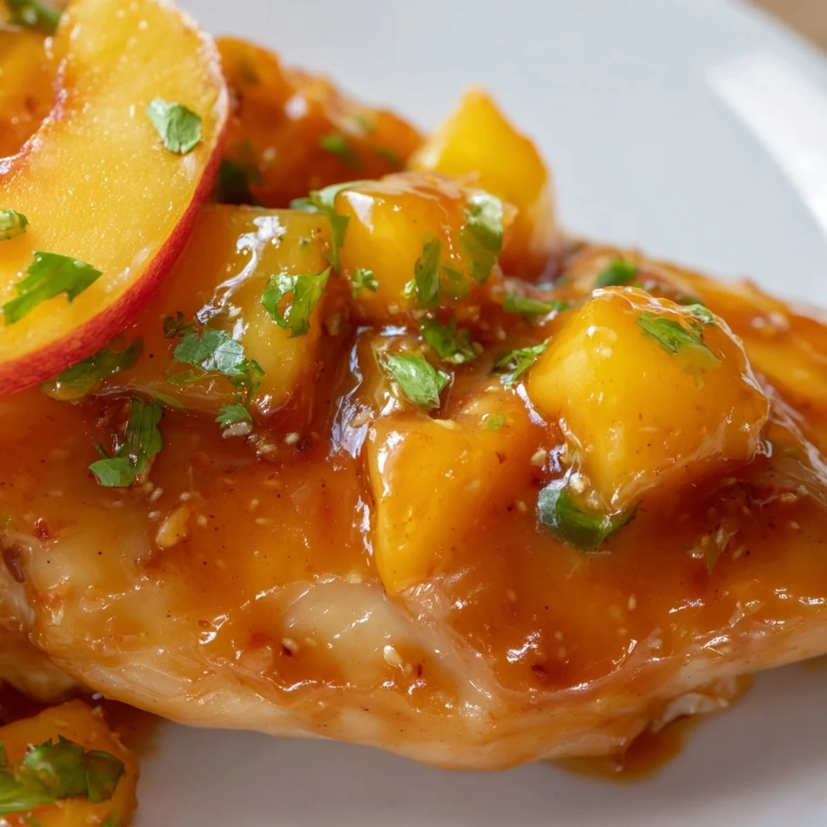 Juicy jalapeno peach chicken breasts topped with fresh herbs and caramelized peach slices