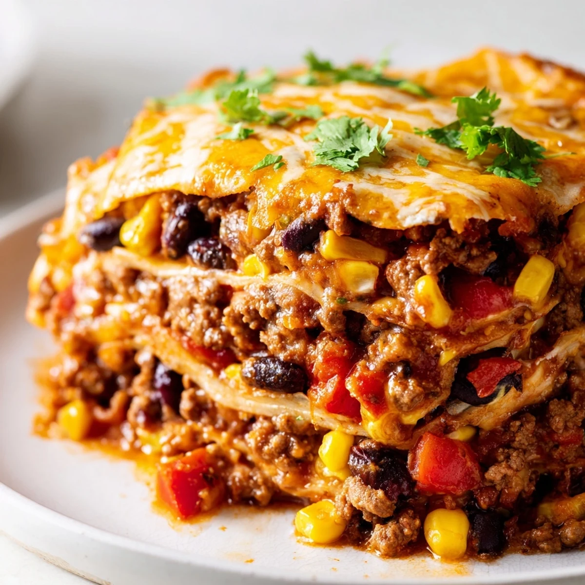 Golden bubbling Mexican lasagna with melted cheese, spiced beef, and layered tortillas fresh from oven