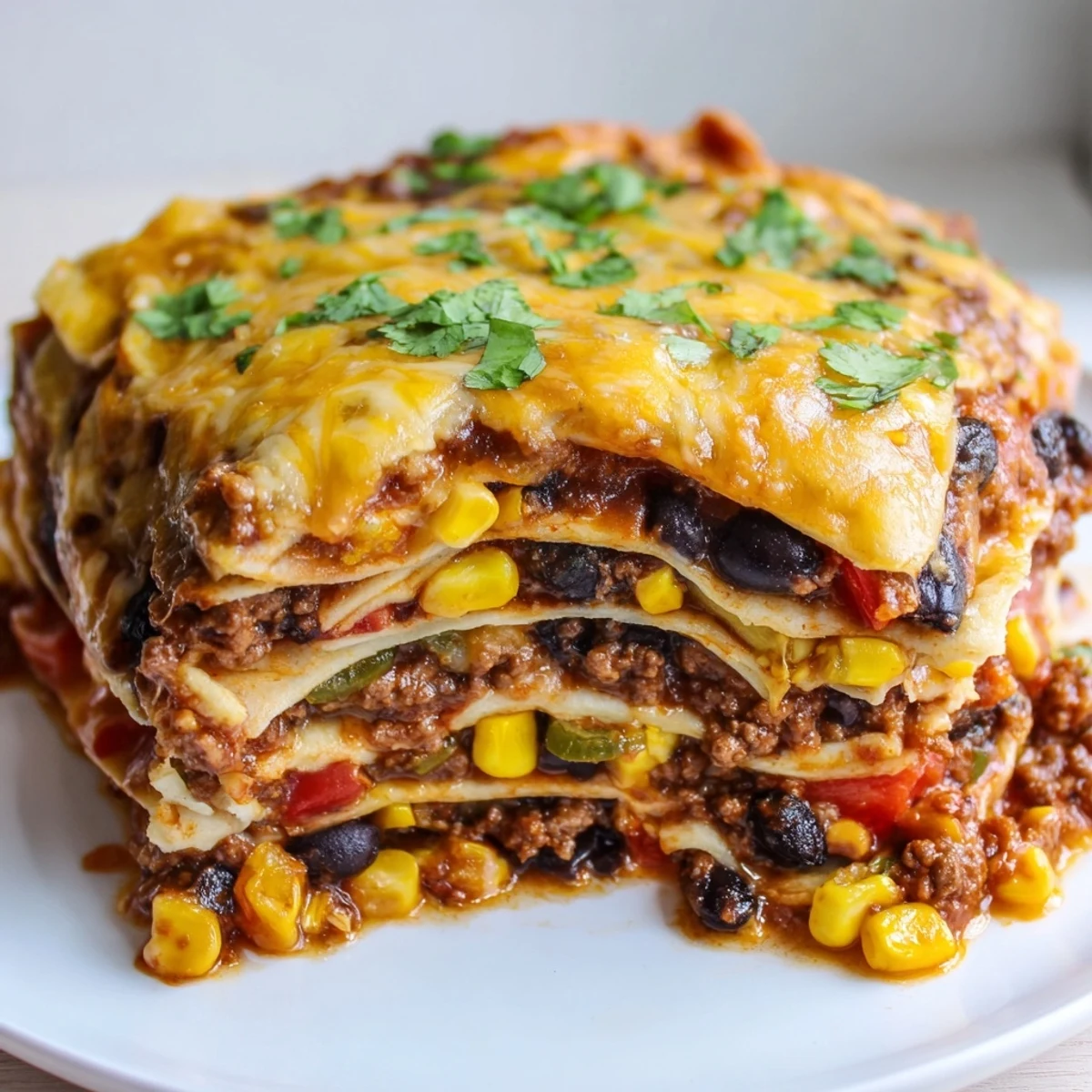 Mexican lasagna layered with seasoned beef, beans, corn, and gooey cheese in rustic baking dish