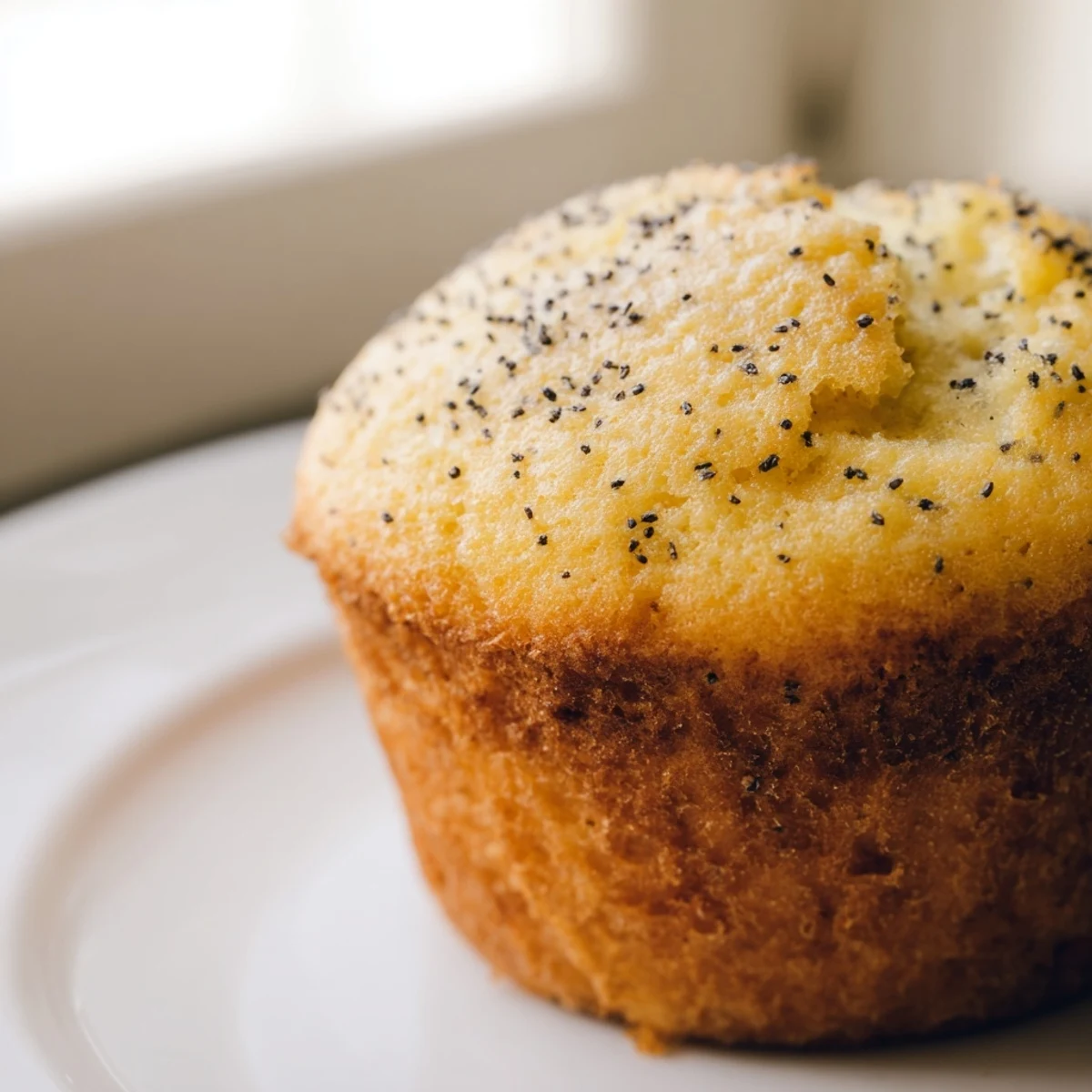 Moist lemon poppy seed muffins speckled with tiny black seeds on a rustic cooling rack