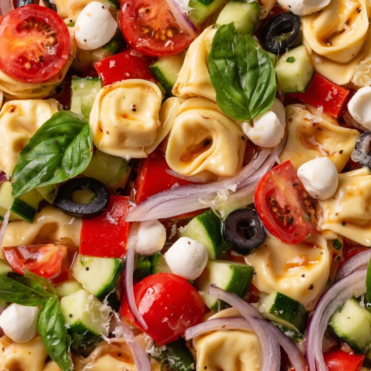 Colorful tortellini salad with crisp vegetables and zesty Italian dressing in a serving bowl