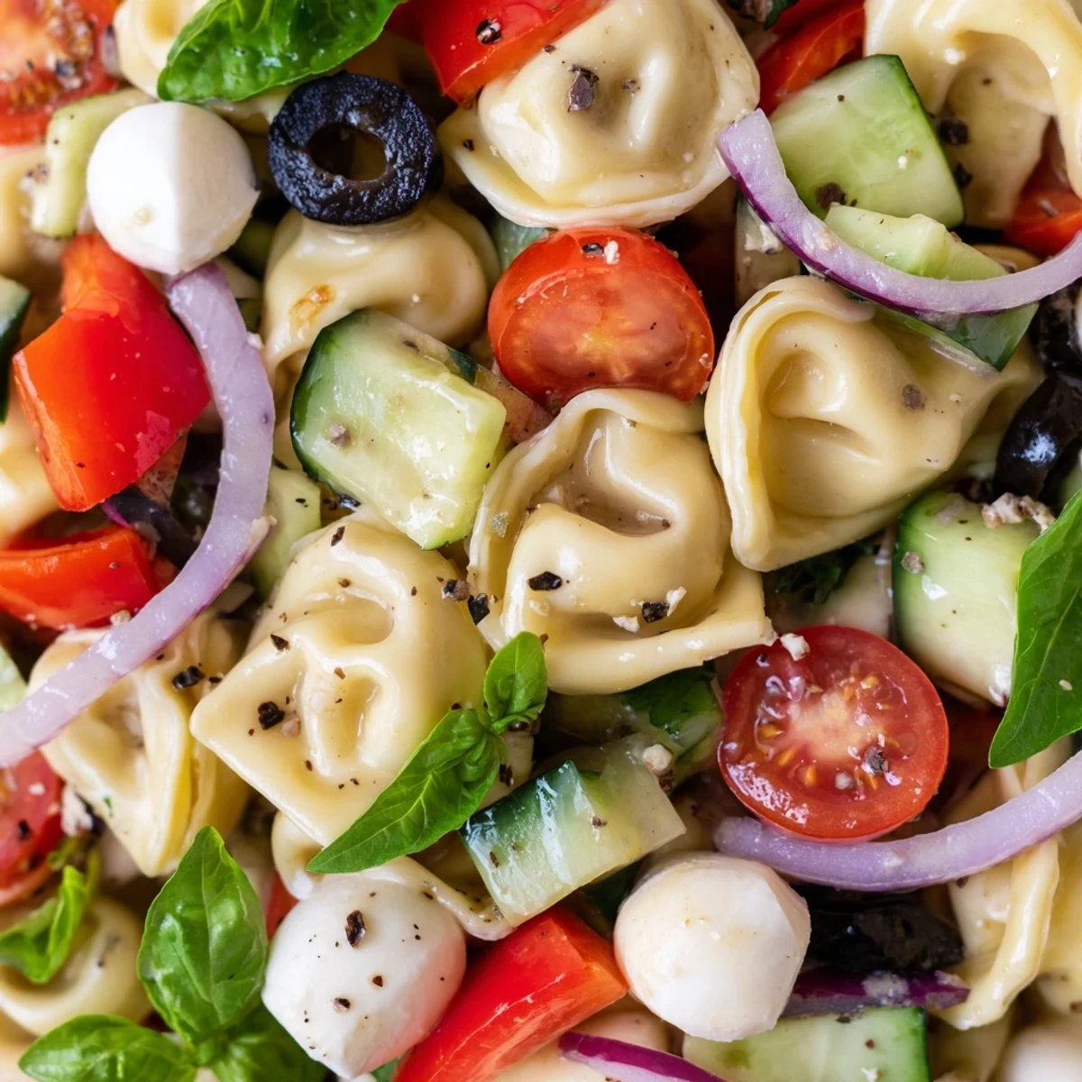 Cheese tortellini salad tossed with ripe tomatoes, cucumber, and fresh mozzarella balls